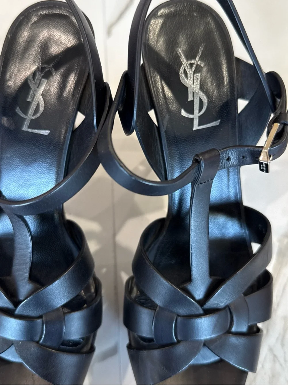 Saint Laurent Black Leather Knotted T-Strap Heels